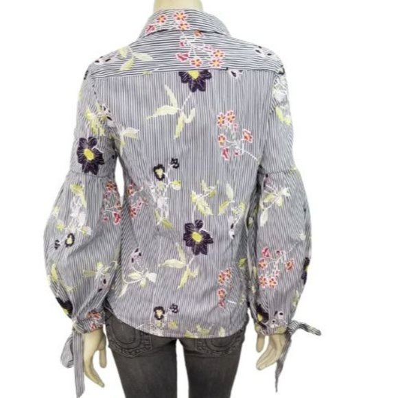 Nanette Lepore Striped Embroided Button-up Blouse Top M Balloon Sleeves - Picture 4 of 6